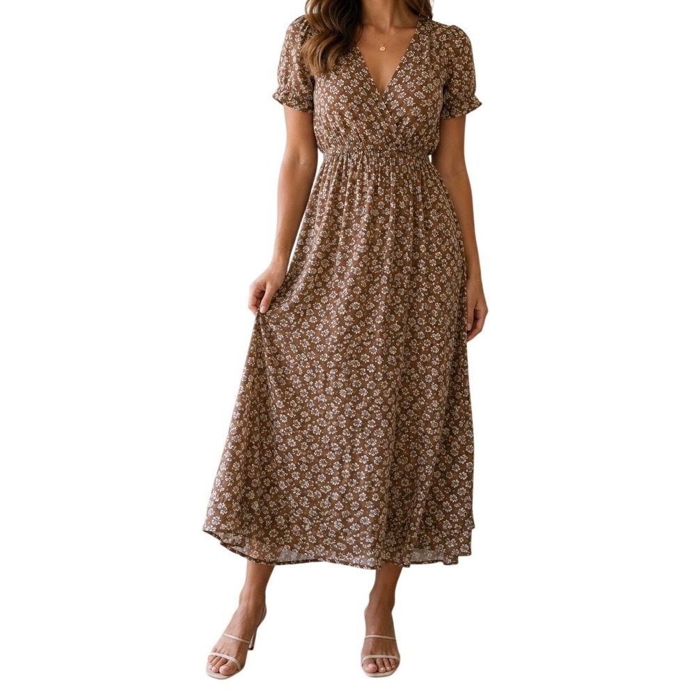 NWT Treasure & Bond Brown Floral V-Neck Maxi Dress Women's Small